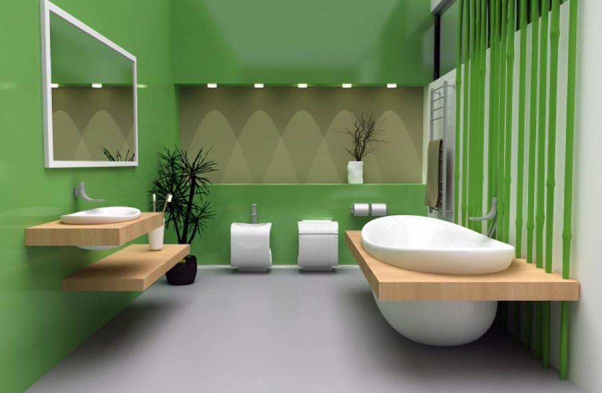 Еко дизайн за баня в зелено, съчетан с елементи от дърво