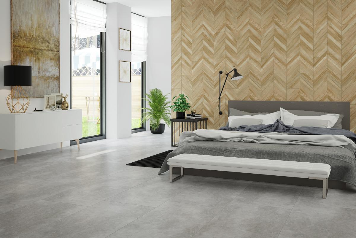 Модернистична спалня с  индустриален дизайн   - комбинация от цимент и дърво