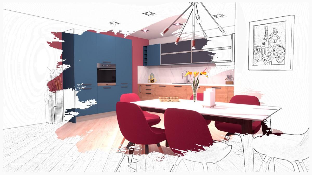 Кухня дървесно и синьо