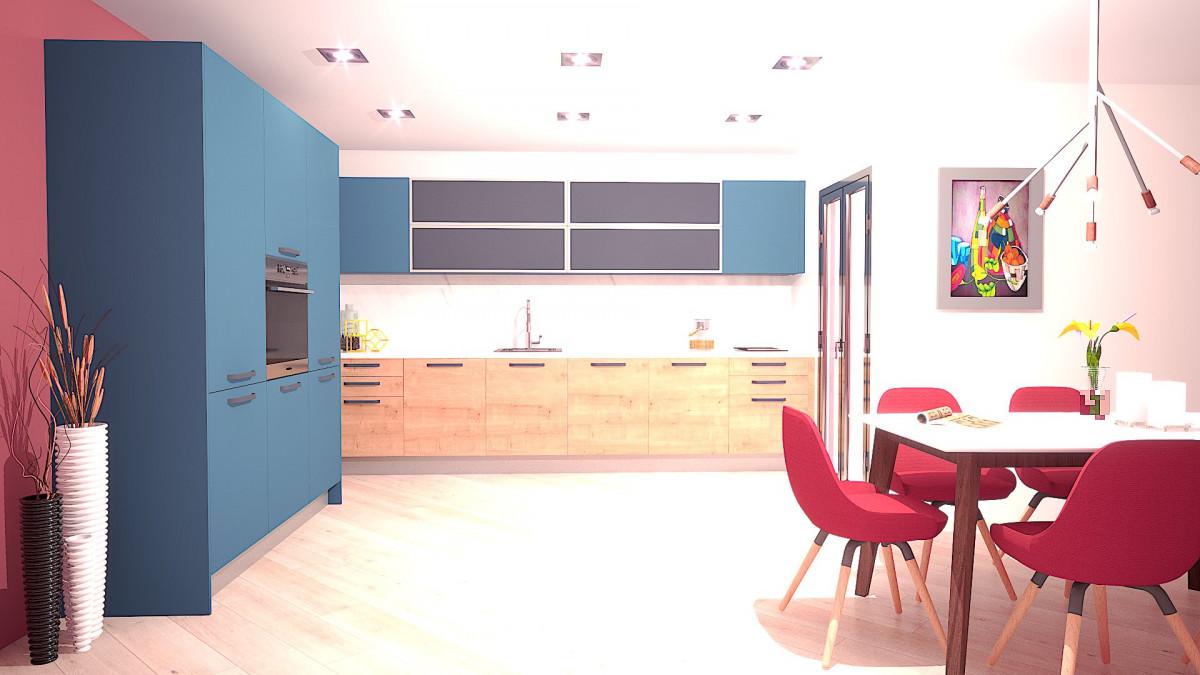 Кухня дървесно и синьо