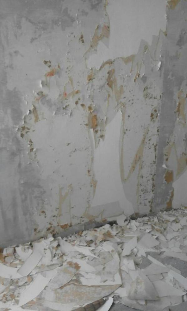 В началото премахване на интернит и тапети от стените преди изолация и шпакловка с боя