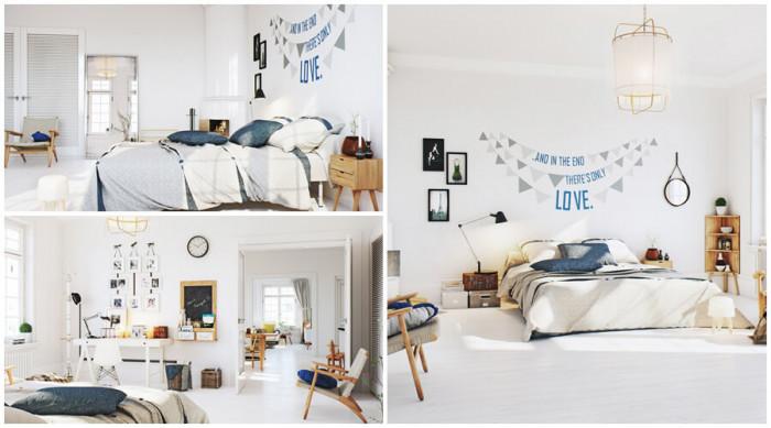 Скандинавската спалня е просторна и изненадващо артистична