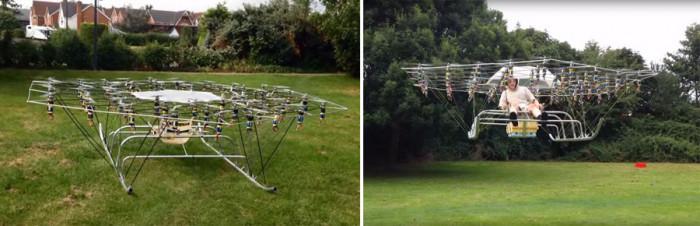Ентусиаст полетя на дрон, направен от чадър и градински стол