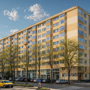 Sunny urban street scene with modern architecture