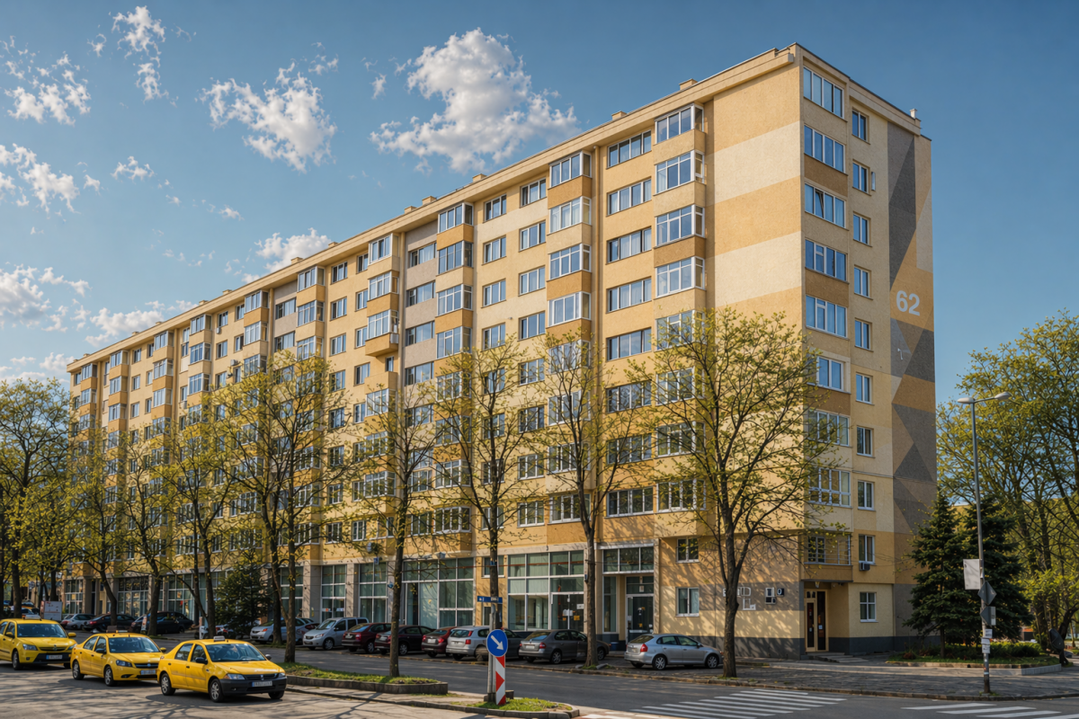 Sunny urban street scene with modern architecture